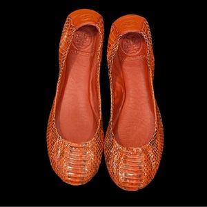 TORY BURCH orange reptile snake classic ballet flats